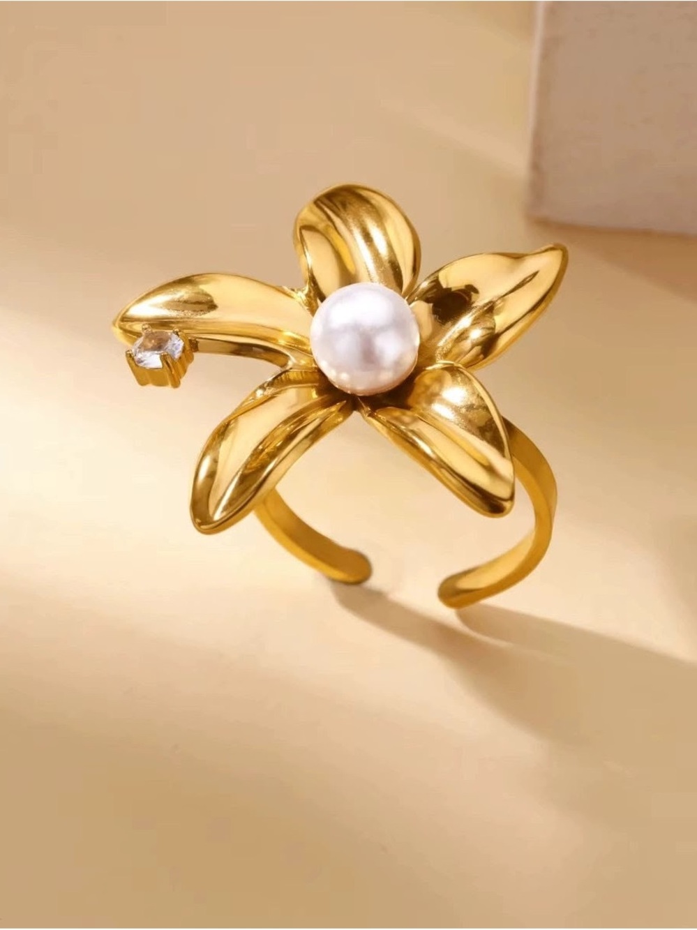 Gold Flower Pearl Accent Adjustable Ring for Women